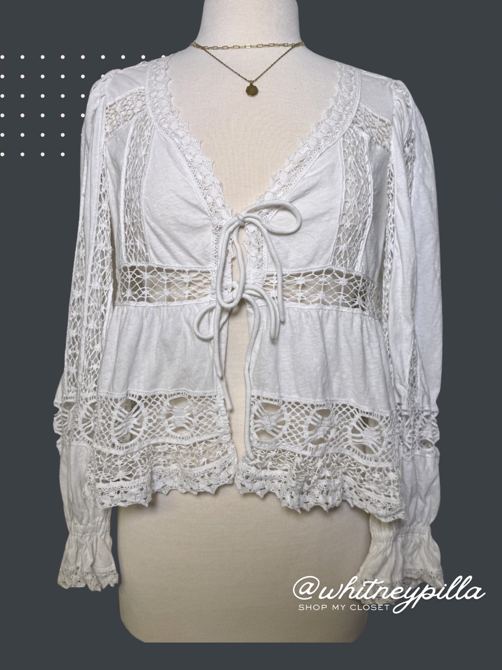 Free People Sweetdreams Boho long sleeve Top White Crochet Lace Tie-Front Size M - Picture 1 of 8